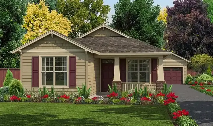 Bungalow house plans 103-221 - front exterior, 1,205 sq ft, 2 bed, 2 bath house plans | Monster House Plans