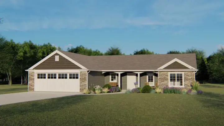 Ranch house plans 104-153 - front exterior, 1,779 sq ft, 3 bed, 2 bath house plans | Monster House Plans
