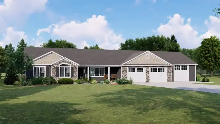 Ranch house plans 104-195 - front exterior, 1,971 sq ft, 3 bed, 2 bath house plans | Monster House Plans