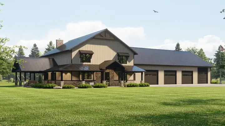 Barndominium house plans 104-318 - front exterior, 4,121 sq ft, 3 bed, 2 bath house plans | Monster House Plans