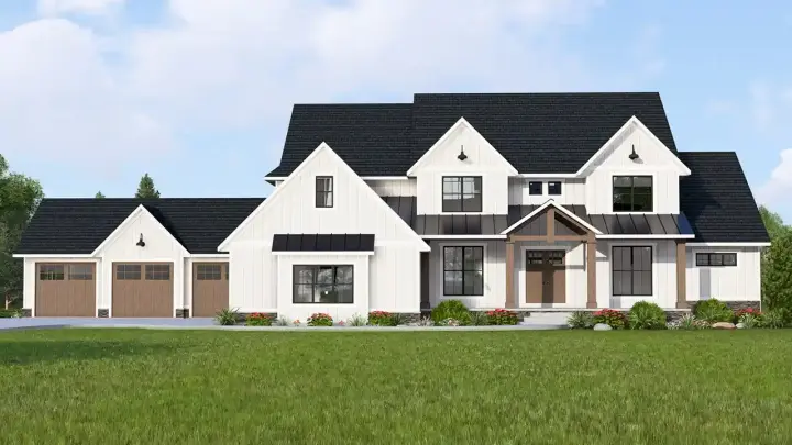 Modern Farmhouse house plans 104-327 - front exterior, 5,386 sq ft, 5 bed, 4 bath house plans | Monster House Plans