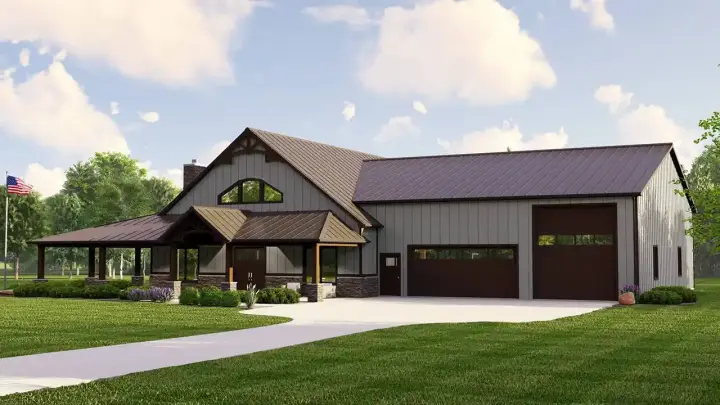 Barndominium house plans 104-349 - front exterior, 4,332 sq ft, 2 bed, 2 bath house plans | Monster House Plans