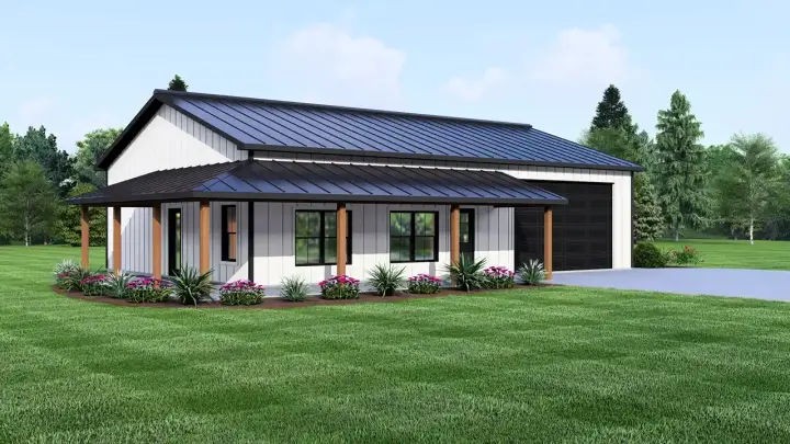 Barndominium house plans 104-382 - front exterior, 1,307 sq ft, 3 bed, 1 bath house plans | Monster House Plans