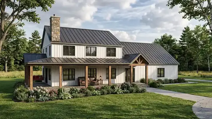 Barndominium house plans 104-383 - front exterior, 2,743 sq ft, 5 bed, 3 bath house plans | Monster House Plans
