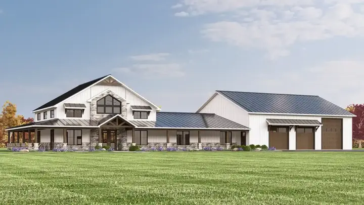 Barndominium house plans 104-432 - front exterior, 3,229 sq ft, 3 bed, 2 bath house plans | Monster House Plans
