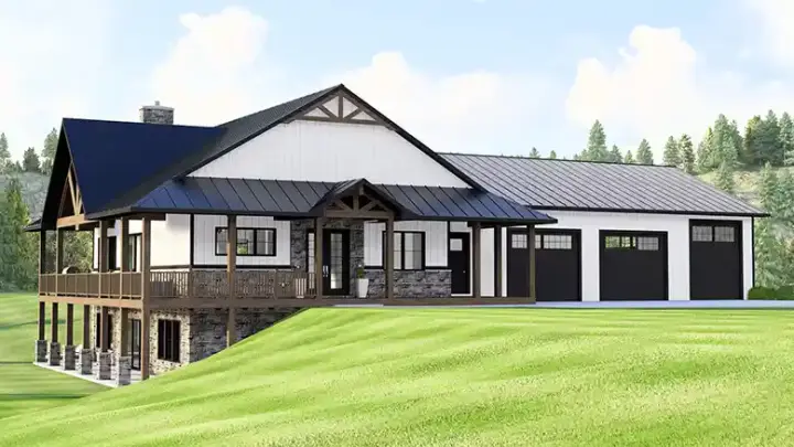 Barndominium house plans 104-445 - front exterior, 1,888 sq ft, 2 bed, 2 bath house plans | Monster House Plans