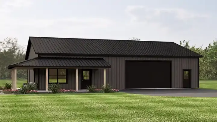 Barndominium house plans 104-451 - front exterior, 758 sq ft, 1 bed, 1 bath house plans | Monster House Plans