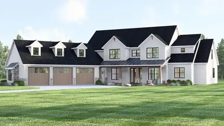 Modern Farmhouse house plans 104-464 - front exterior, 3,878 sq ft, 5 bed, 3 bath house plans | Monster House Plans