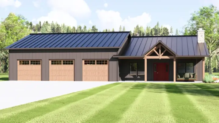 Barndominium house plans 104-491 - front exterior, 1,338 sq ft, 2 bed, 2 bath house plans | Monster House Plans