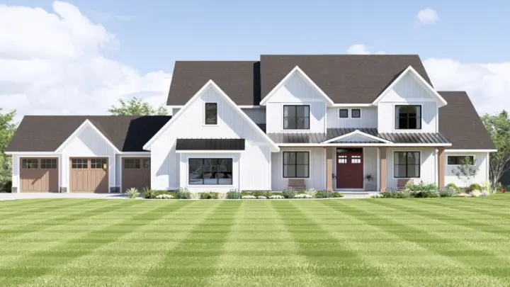 Modern Farmhouse house plans 104-502 - front exterior, 5,196 sq ft, 5 bed, 4 bath house plans | Monster House Plans
