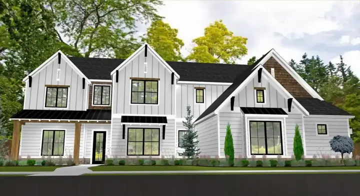 Modern Farmhouse house plans 105-106 - front exterior, 3,438 sq ft, 4 bed, 3 bath house plans | Monster House Plans