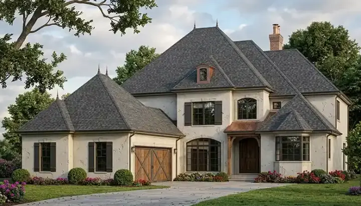 European house plans 106-349 - front exterior, 3,079 sq ft, 4 bed, 3 bath house plans | Monster House Plans
