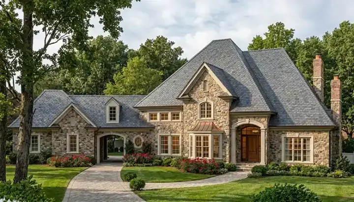 European house plans 106-472 - front exterior, 3,796 sq ft, 4 bed, 3 bath house plans | Monster House Plans