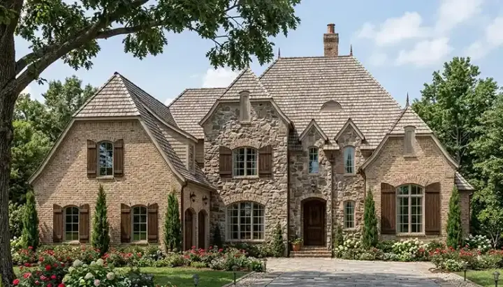 European house plans 106-510 - front exterior, 4,099 sq ft, 4 bed, 4 bath house plans | Monster House Plans