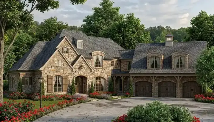 European house plans 106-543 - front exterior, 4,556 sq ft, 4 bed, 4 bath house plans | Monster House Plans
