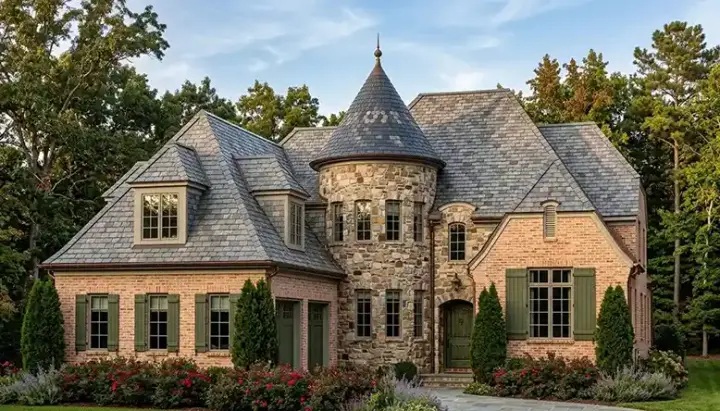 European house plans 106-550 - front exterior, 4,432 sq ft, 4 bed, 4 bath house plans | Monster House Plans