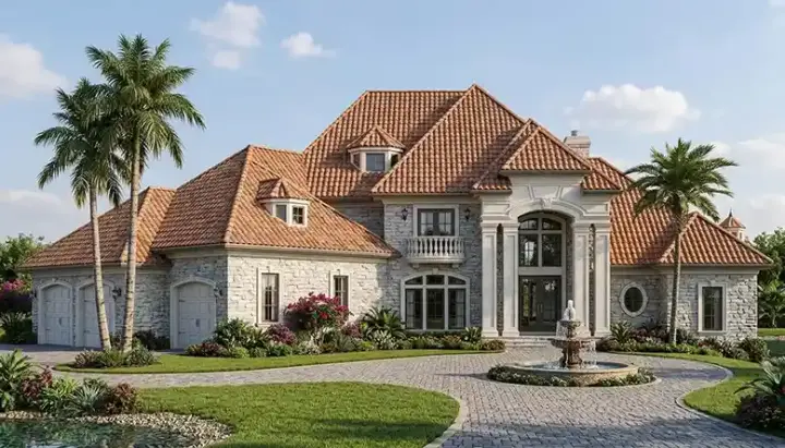 Mediterranean house plans 106-553 - front exterior, 6,463 sq ft, 5 bed, 4 bath house plans | Monster House Plans