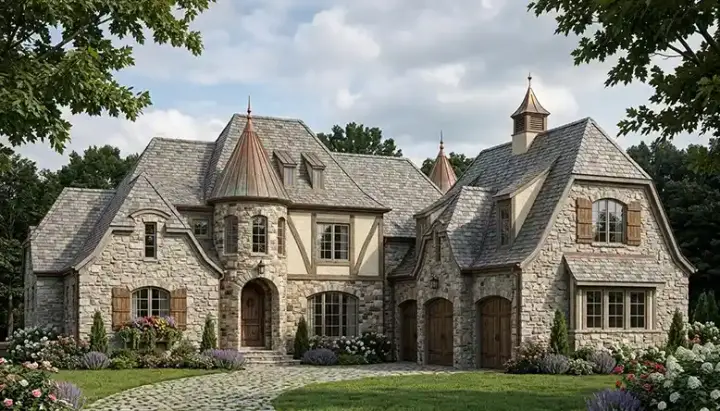 European house plans 106-555 - front exterior, 4,458 sq ft, 3 bed, 4 bath house plans | Monster House Plans