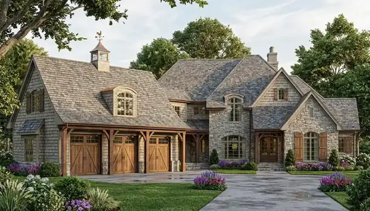 European house plans 106-579 - front exterior, 7,416 sq ft, 5 bed, 5 bath house plans | Monster House Plans