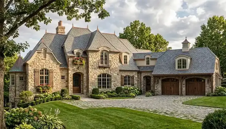 European house plans 106-585 - front exterior, 6,465 sq ft, 5 bed, 5 bath house plans | Monster House Plans