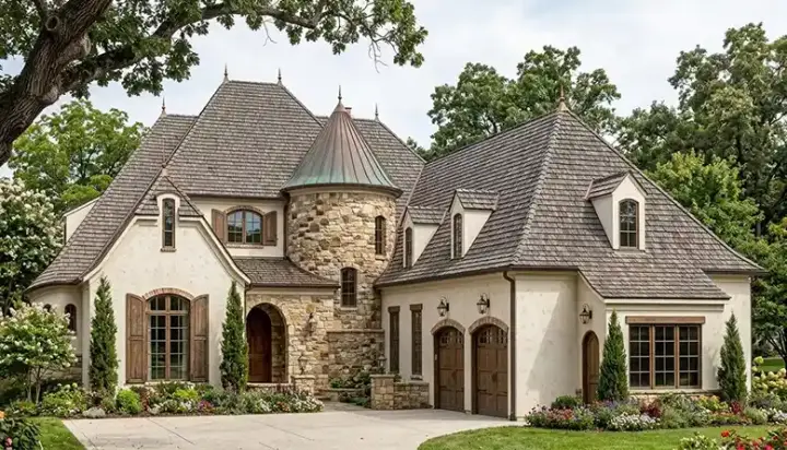 European house plans 106-598 - front exterior, 5,245 sq ft, 4 bed, 4 bath house plans | Monster House Plans