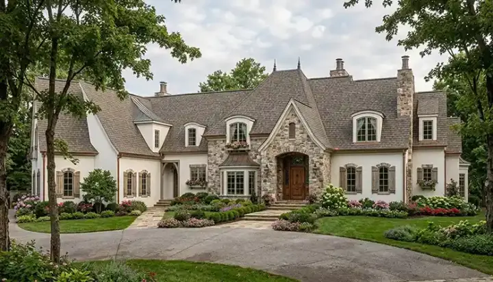 European house plans 106-599 - front exterior, 5,186 sq ft, 5 bed, 4 bath house plans | Monster House Plans