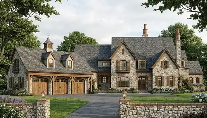 European house plans 106-610 - front exterior, 5,409 sq ft, 4 bed, 4 bath house plans | Monster House Plans