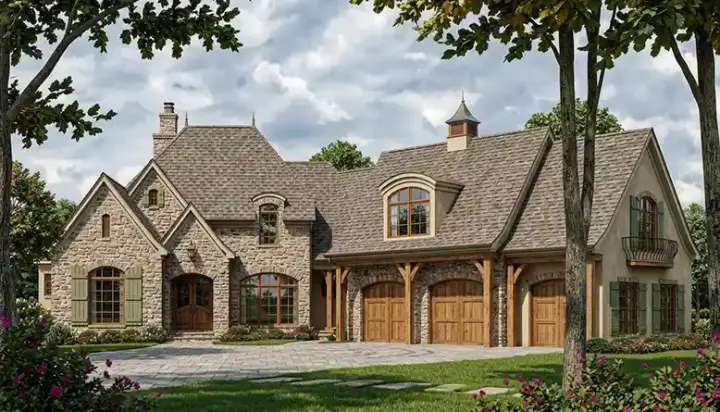 European house plans 106-622 - front exterior, 5,642 sq ft, 4 bed, 4 bath house plans | Monster House Plans