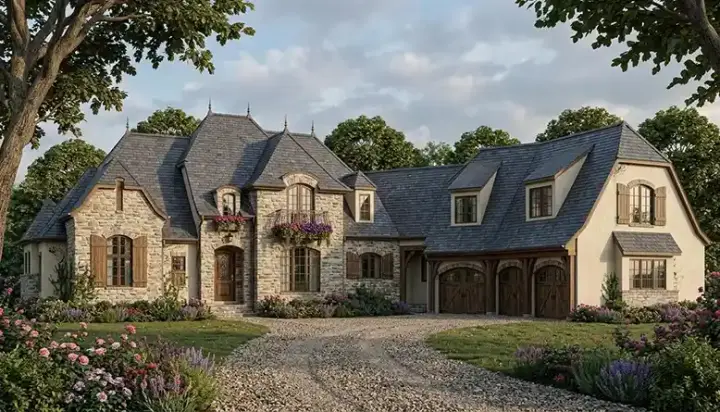 European house plans 106-645 - front exterior, 6,733 sq ft, 4 bed, 4 bath house plans | Monster House Plans