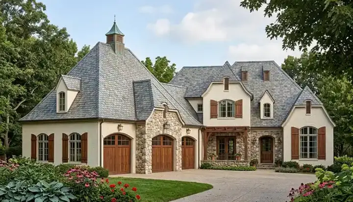 European house plans 106-721 - front exterior, 4,269 sq ft, 3 bed, 3 bath house plans | Monster House Plans