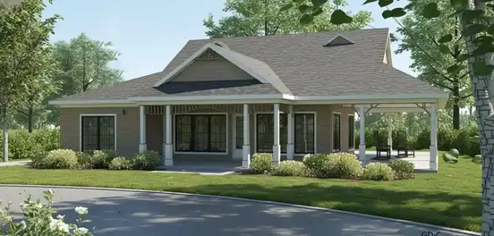 Coastal house plans 107-110 - front exterior, 1,385 sq ft, 2 bed, 2 bath house plans | Monster House Plans