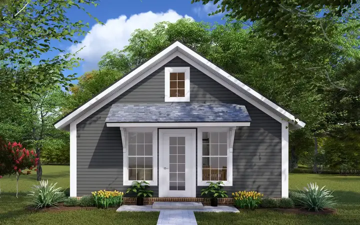 Cottage house plans 11-528 - front exterior, 594 sq ft, 2 bed, 1 bath house plans | Monster House Plans