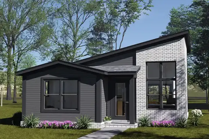 Modern house plans 11-705 - front exterior, 751 sq ft, 2 bed, 1 bath house plans | Monster House Plans