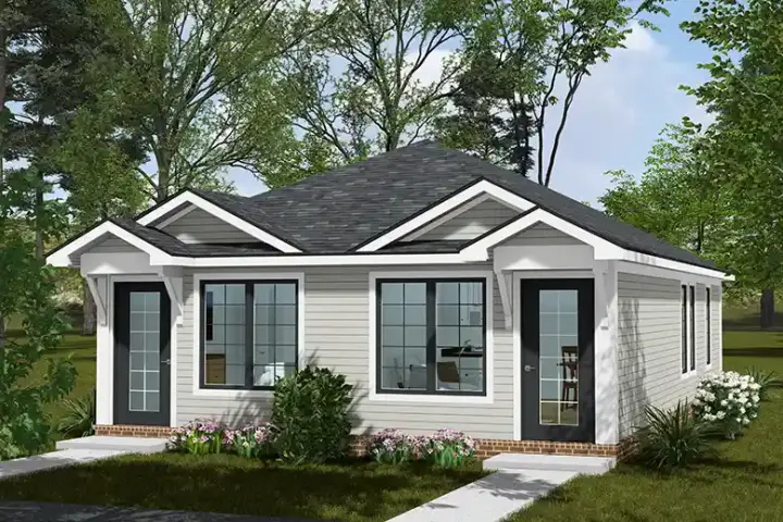 Cottage house plans 11-714 - front exterior, 960 sq ft, 2 bed, 2 bath house plans | Monster House Plans
