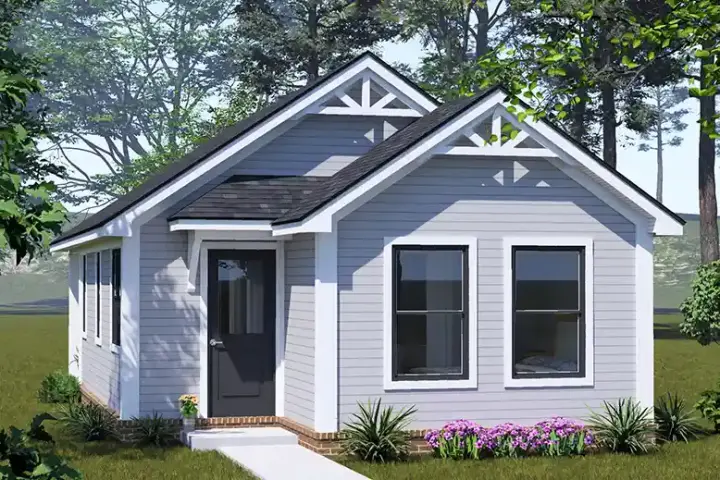 Cottage house plans 11-741 - front exterior, 692 sq ft, 2 bed, 2 bath house plans | Monster House Plans