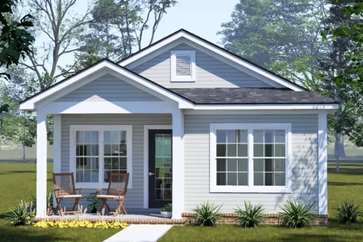 Cottage house plans 11-762 - front exterior, 758 sq ft, 2 bed, 2 bath house plans | Monster House Plans