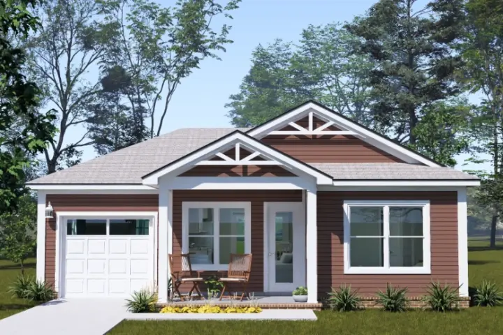 Cottage house plans 11-763 - front exterior, 758 sq ft, 2 bed, 2 bath house plans | Monster House Plans