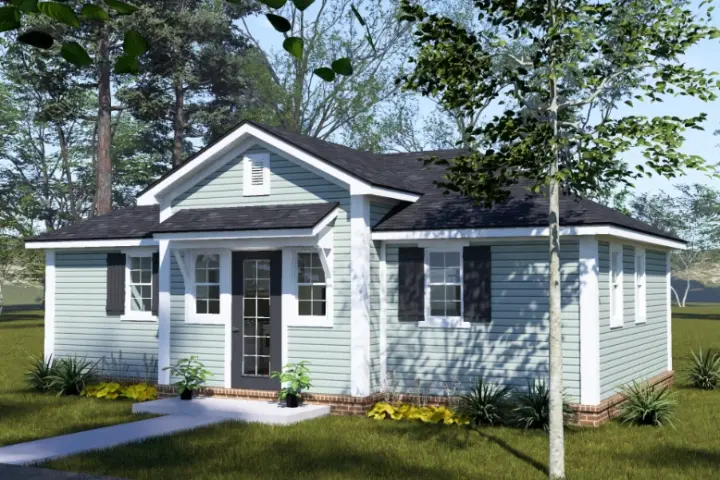 Cottage house plans 11-778 - front exterior, 645 sq ft, 2 bed, 2 bath house plans | Monster House Plans