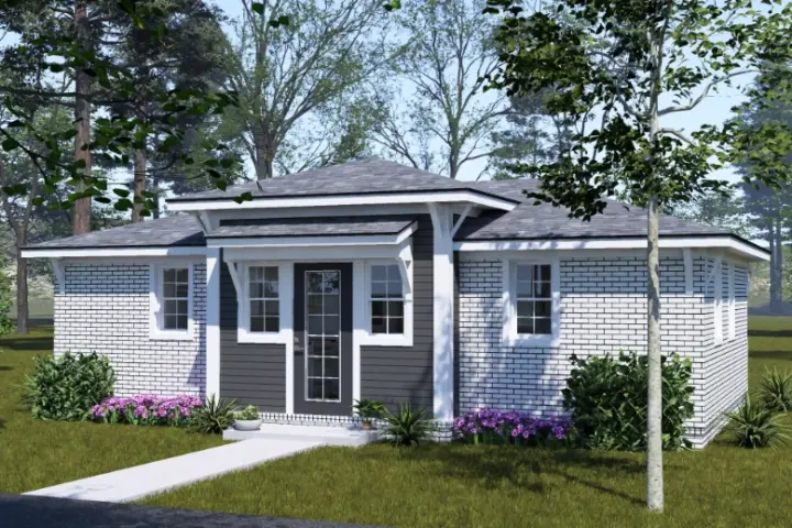 Modern house plans 11-779 - front exterior, 645 sq ft, 2 bed, 2 bath house plans | Monster House Plans