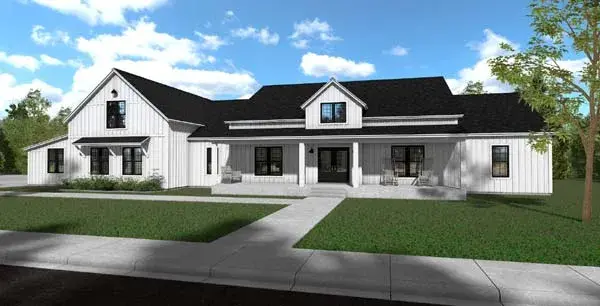 Modern Farmhouse house plans 117-101 - front exterior, 4,528 sq ft, 6 bed, 4 bath house plans | Monster House Plans