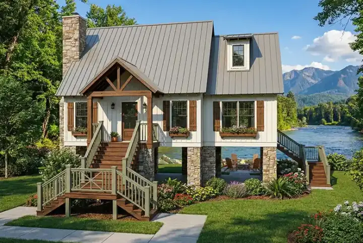 Mountain Rustic house plans 12-1105 - front exterior, 1,425 sq ft, 2 bed, 2 bath house plans | Monster House Plans