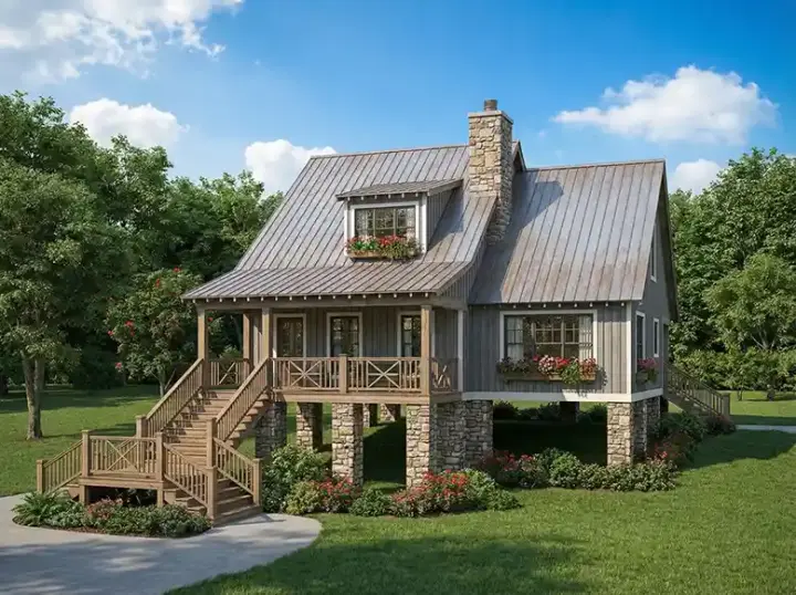 Mountain Rustic house plans 12-1106 - front exterior, 1,542 sq ft, 2 bed, 2 bath house plans | Monster House Plans