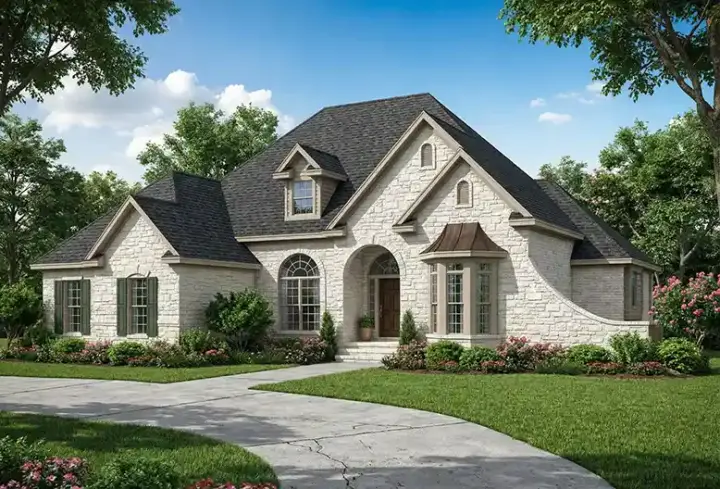 European house plans 12-119 - front exterior, 2,444 sq ft, 3 bed, 2 bath house plans | Monster House Plans