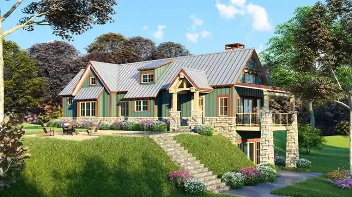 Mountain Rustic house plans 12-1389 - front exterior, 1,920 sq ft, 2 bed, 3 bath house plans | Monster House Plans