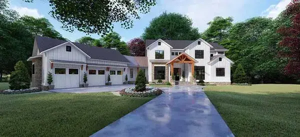 Modern Farmhouse house plans 12-1498 - front exterior, 6,301 sq ft, 6 bed, 5 bath house plans | Monster House Plans
