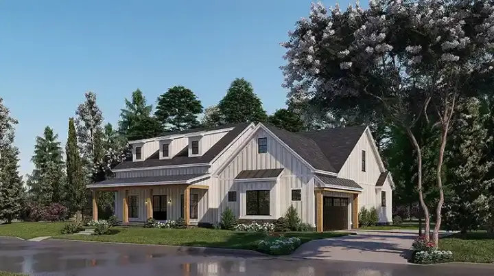 Modern Farmhouse house plans 12-1558 - front exterior, 2,343 sq ft, 4 bed, 2 bath house plans | Monster House Plans