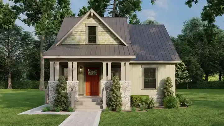 Cottage house plans 12-1877 - front exterior, 1,345 sq ft, 2 bed, 2 bath house plans | Monster House Plans