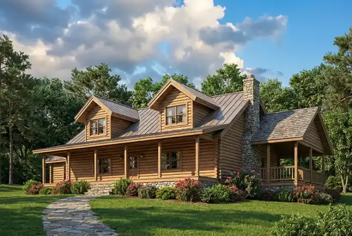 Log Cabin house plans 12-778 - front exterior, 2,482 sq ft, 5 bed, 3 bath house plans | Monster House Plans