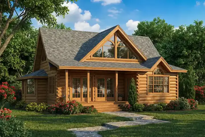Log Cabin house plans 12-779 - front exterior, 1,449 sq ft, 2 bed, 2 bath house plans | Monster House Plans