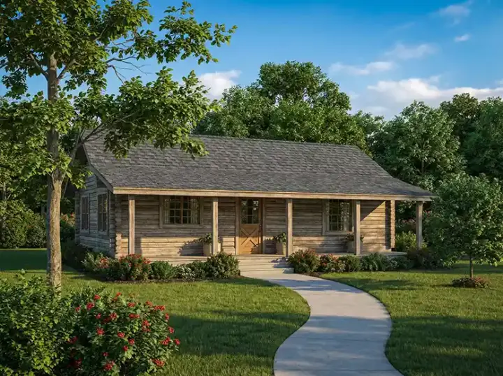 Log Cabin house plans 12-789 - front exterior, 1,092 sq ft, 2 bed, 1 bath house plans | Monster House Plans